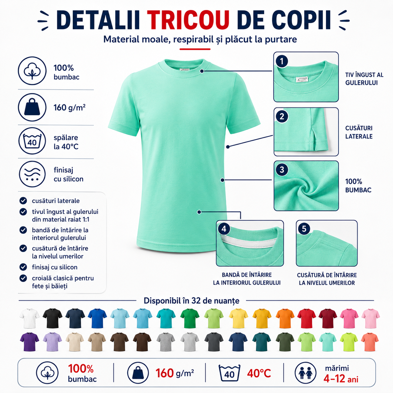 Tricou copii 100% bumbac, disponibil &icirc;n 32 de culori și mărimi 4&ndash;12 ani